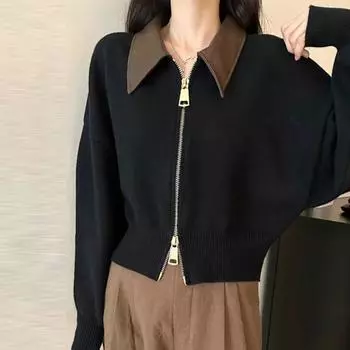 Yousheng Женский свитер Пальто с лацканами Длинный рукав Застежка-молния Вязаный кардиган Лоскутная цветная ребристая отделка Свободный крой Повседневный трикотаж чёрный