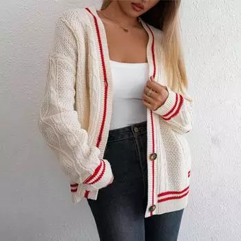 Yousheng Женский свитер Пальто с V-образным вырезом Длинный рукав Твист Текстура Вязание Пальто Лоскутное Цвет Однобортный Свободный Покрой Эластичный свитер Верхняя Одежда S красный