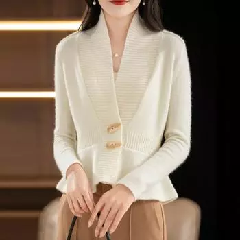 Yousheng Женский свитер-пальто с V-образным вырезом, длинным рукавом, оборками, вязанный свитер, однотонный, облегающий, с талией, узкий свитер, кардиган чёрный