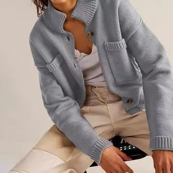 Yousheng Женский свитер, пальто с высоким воротом и длинными рукавами, однобортный трикотажный пиджак, однотонный трикотаж с накладными карманами XL хаки