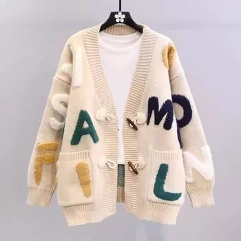 Yousheng Женский свитер Пальто V-образный вырез Длинный рукав Пальто с буквенным принтом Вязаное пальто Однобортный карманы Свободный крой Вязаный кардиган красный