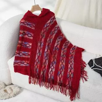 Yousheng Женский свитер-пуловер с капюшоном, рукавом «летучая мышь», коротким рукавом, кисточками, вязаная накидка, разноцветная полосатая асимметричная кромка, пончо, пальто зелёный