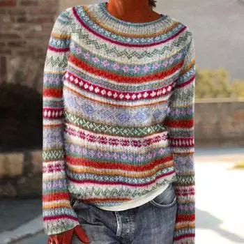 Yousheng Женский свитер с круглым вырезом, дизайн с длинным рукавом, лоскутное цветное вязание, джемпер свободного кроя, повседневный трикотаж XL