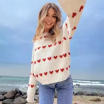Yousheng Женский свитер с круглым вырезом и длинным рукавом, узором в виде сердца, вязаный топ, свободный крой, ребристая отделка, эластичный пуловер, свитер на каждый день XL бежевый