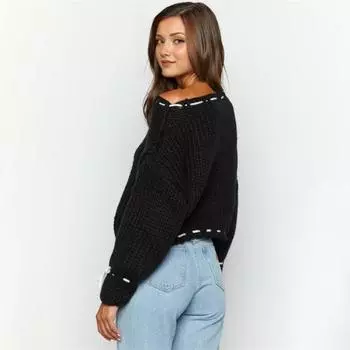 Yousheng Женский свитер с круглым вырезом и длинным рукавом, трикотажные топы, однотонные, со шнуровкой и бантом, свободный крой, эластичный трикотаж S фиолетовый