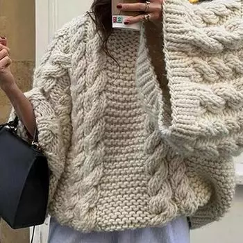 Yousheng Женский свитер с круглым вырезом и длинным рукавом, с перекрученной текстурой, трикотажные топы, однотонные, свободные, пуловеры S хаки