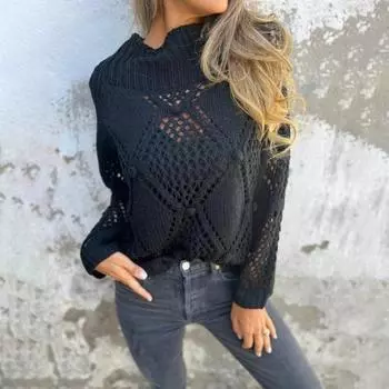 Yousheng Женский свитер с круглым вырезом и длинным рукавом, ажурный дизайн, жаккардовый декор, вязаные топы, однотонный свободный покрой, повседневный свитер M серый