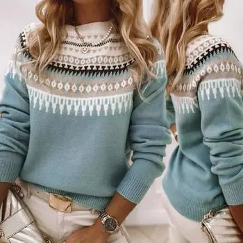 Yousheng Женский свитер с круглым вырезом и длинным рукавом, вязаный крючком пуловер, свитер с геометрическим узором, цветной трикотажный топ M светло-серый