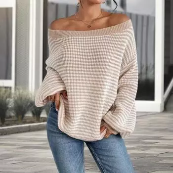 Yousheng Женский свитер с открытыми плечами, свободный, с длинными рукавами, трикотажный пуловер, свободный крой, полосатый принт, мягкий эластичный трикотажный топ L зелёный