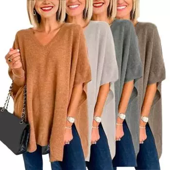 Yousheng Женский свитер с V-образным вырезом, фасон «летучая мышь», без рукавов, свободный покрой, повседневный топ, однотонный, с высоким и низким подолом, вязаный свитер на осень-зиму M светло-серый