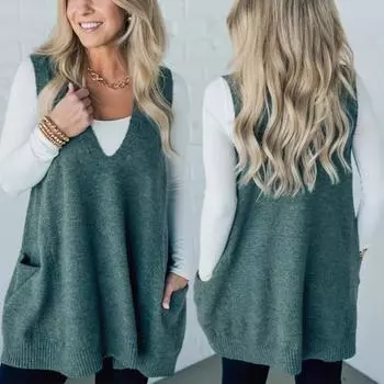 Yousheng Женский свитер с V-образным вырезом, без рукавов, однотонный вязаный жилет с карманами, ребристая отделка, свободный крой, средняя длина, повседневный трикотаж S верблюд