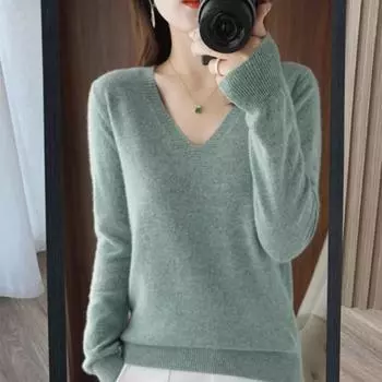 Yousheng Женский свитер с V-образным вырезом и длинным рукавом, однотонный трикотажный топ, стандартный крой, эластичный джемпер, эластичный трикотаж XL