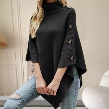Yousheng Женский свитер-топ с высоким воротником, однотонный, в стиле накидки, свитер-пальто с пуговицами, свободный крой, повседневный вязаный топ для поездок на работу S красный