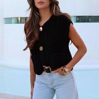 Yousheng Женский свитер-жилет с V-образным вырезом, без рукавов, на пуговицах, кардиган с карманами, однотонный свободный крой, вязаный крючком топ S синий