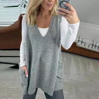 Yousheng Женский свитер-жилет с V-образным вырезом, без рукавов, карманами, средней длины, трикотажные топы, однотонный, осень-зима, повседневный трикотаж XL