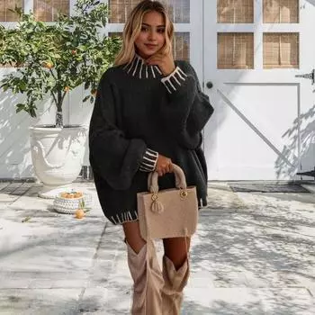 Yousheng Женский свободный свитер-свитер с высоким воротом и длинными рукавами в стиле пэчворк, зимние вязаные топы свободного кроя, утолщенные трикотажные топы S чёрный