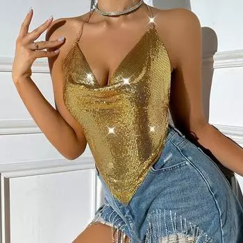 Yousheng Женский топ с блестками и бретельками, короткий жилет без рукавов и спинки с металлическими цепочками, шнурками и воротником-качелями, сексуальный топ S золотистый