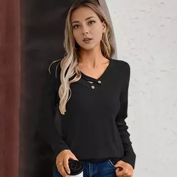 Yousheng Женский топ с V-образным вырезом, длинным рукавом, ребристым трикотажным топом с пуговицами, однотонный свободный крой, эластичная осенняя рубашка, повседневная офисная одежда M хаки