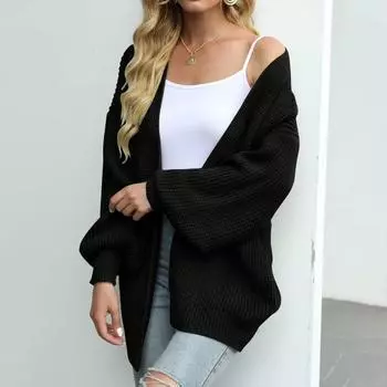 Yousheng Женский вязаный кардиган-фонарик с длинным рукавом и открытой передней частью, свитер средней длины, пальто, однотонный свободный крой, вязаная верхняя одежда M розовый