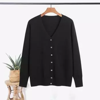 Yousheng Женский вязаный кардиган, куртка на пуговицах с V-образным вырезом и длинным рукавом, повседневный свитер, однотонный ребристый кардиган, верхняя одежда M чёрный