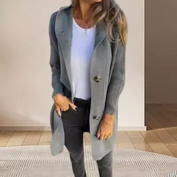 Yousheng Женский вязаный кардиган с капюшоном, длинный рукав, однобортный свитер, пальто с карманами, однотонный трикотаж средней длины M светло-серый