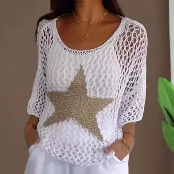 Yousheng Женский вязаный крючком сетчатый топ с ажурным принтом в виде звезд, свитер с круглым вырезом и длинными рукавами, пуловер, накидка, пляжная одежда XL абрикосовый