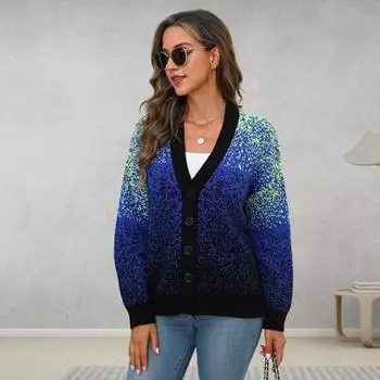 Yousheng Женский вязаный свитер, пальто с V-образным вырезом и длинным рукавом, звездно-голубой свитер, кардиган, осень-зима, свободный трикотаж синий