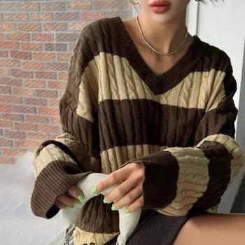 Yousheng Женский вязаный свитер с V-образным вырезом и длинным рукавом Укороченный пуловер Джемпер Лоскутная цветная переплетенная текстура Трикотаж S фиолетовый