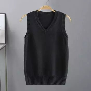 Yousheng Женский вязаный жилет с V-образным вырезом без рукавов с ребристой отделкой Однотонный жилет Топы Осень Зима Свободный трикотаж L чёрный