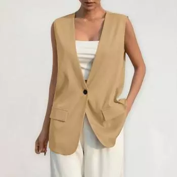 Yousheng Женский жилет без рукавов с одной пуговицей в западном стиле Slim Fit Кардиган Костюм Пальто Чистый цвет Глубокий V-образный вырез Формальный деловой стиль Леди Жилет L чёрный