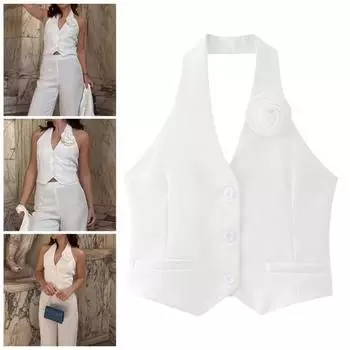 Yousheng Женский жилет Юбка 3D Декор розы Разделенный подол Slim Fit Мини-юбка с лямкой на шее с открытыми плечами Однобортный жилет с открытой спиной Одежда для выпускного вечера M белый