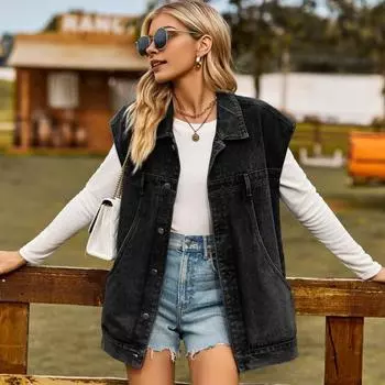 Yousheng Женский жилет Пальто Джинсовый Свободный Однотонный Однобортный Кардиган Без Рукавов Большие Карманы Стираный Индивидуальный Уличный Повседневный Куртка Жилет L