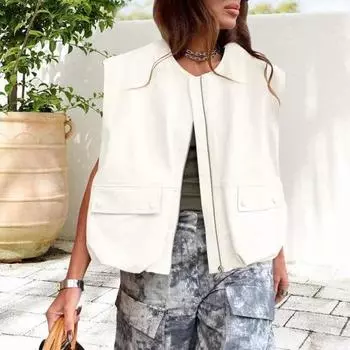 Yousheng Женский жилет-пальто на осень и лето, без рукавов, с круглым вырезом, на молнии, однотонный свободный кардиган с карманами, гладкая поверхность, повседневная повседневная одежда, жилет M белый