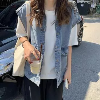 Yousheng Женский жилет Пальто Плюс Размер Однотонный однобортный кардиган без рукавов Отложной воротник Нагрудные карманы Пуговицы Джинсовая куртка M синий