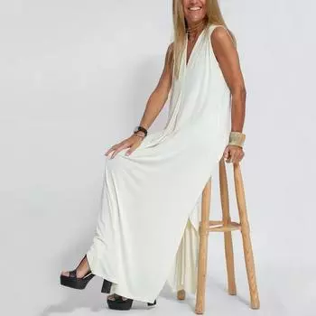 Yousheng Женский жилет Платье Пальто без рукавов Сплошной цвет А-силуэта Свободный кардиган с длинными рукавами длиной до щиколотки с V-образным вырезом Макси-платье Простой стиль Разделенное пальто S белый