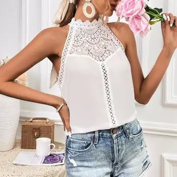 Yousheng Женский жилет с лямкой через шею, однотонные топы с кружевным декором, однотонные повседневные топы с ажурной кружевной строчкой S белый