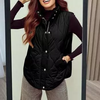 Yousheng Женский зимний хлопковый жилет с отложным воротником, толстая безрукавная утепленная верхняя одежда с карманами, застежка-молния, жилет средней длины для отдыха на открытом воздухе, пальто S чёрный