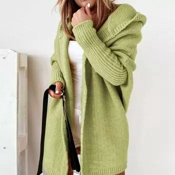 Yousheng Женский зимний свитер, пальто, свободный, с капюшоном, летучая мышь, длинный рукав, трикотажный, толстый, теплый, устойчивый к холоду, мягкий, с открытой вязкой, эластичный женский кардиган, пальто L оранжевый