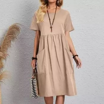Yousheng женское хлопковое льняное летнее платье с круглым вырезом и коротким рукавом, платье миди, свободное повседневное пляжное струящееся платье с карманами M темно-синий