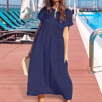 Yousheng женское хлопковое льняное платье макси, повседневное платье с коротким рукавом и V-образным вырезом, свободное пляжное плиссированное длинное платье для летнего отпуска M темно-синий