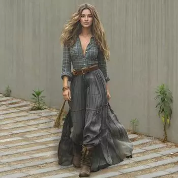 Yousheng женское клетчатое макси-платье с длинным рукавом и застежкой на пуговицы, длинное платье, повседневное платье А-силуэта с V-образным вырезом на весну и лето S зелёный