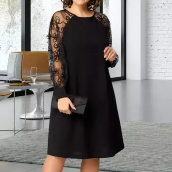 Yousheng женское кружевное платье в стиле пэчворк с круглым вырезом и длинными рукавами, свободное летнее повседневное платье миди А-силуэта для повседневного отпуска XL чёрный