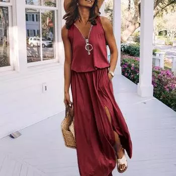 Yousheng женское летнее длинное платье без рукавов, повседневное платье макси с молнией спереди, V-образным вырезом и карманом, плиссированное платье миди с разрезом S чёрный