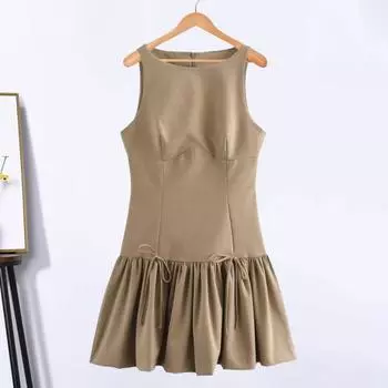 Yousheng Женское летнее платье без рукавов с бантом, плиссированное А-силуэта, однотонное мини-платье с застежкой-молнией сзади, жилет с круглым вырезом, платье для свиданий и вечеринок L хаки