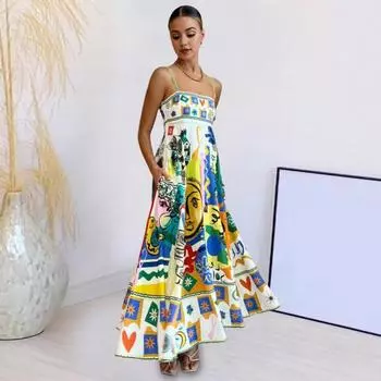 Yousheng Женское Летнее Платье Для Отдыха Без Рукавов С Открытой Спиной А-силуэта Большое Качающееся Цветное Печать Воротника Пляжное Платье Миди M жёлтый