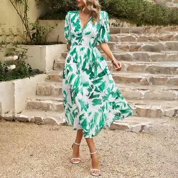 Yousheng Женское летнее платье макси с V-образным вырезом Повседневные длинные платья с цветочным принтом в стиле бохо С короткими рукавами-фонариками Струящиеся пляжные платья для гостей на свадьбу S чёрный