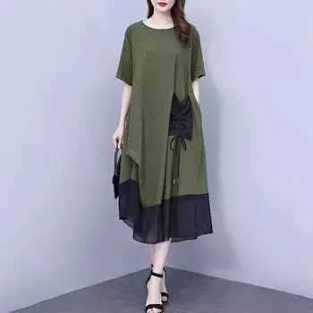 Yousheng Женское летнее платье миди с коротким рукавом и карманом Повседневное сетчатое платье-футболка с круглым вырезом Пляжный сарафан для отдыха L серый