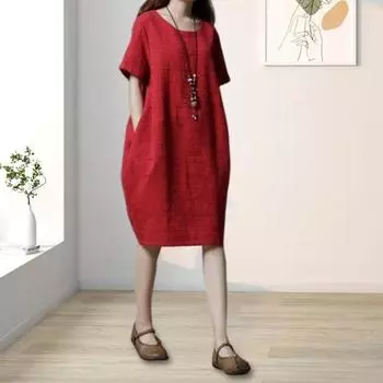 Yousheng женское летнее платье с круглым вырезом и короткими рукавами, чистый цвет, свободные боковые карманы, пуловер длиной до колена, повседневное повседневное платье миди 3XL чёрный