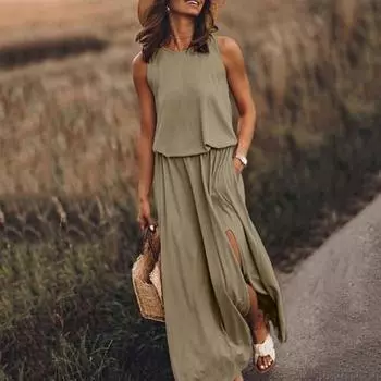 Yousheng Женское летнее платье с плиссировкой, круглым вырезом, без рукавов, однотонное, свободное, с разрезом, макси-платье, повседневная одежда для свиданий, длинное платье M