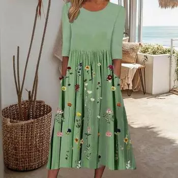 Yousheng женское летнее струящееся платье миди в стиле бохо с цветочным принтом и карманами, повседневное свободное платье с короткими рукавами и круглым вырезом S зелёный